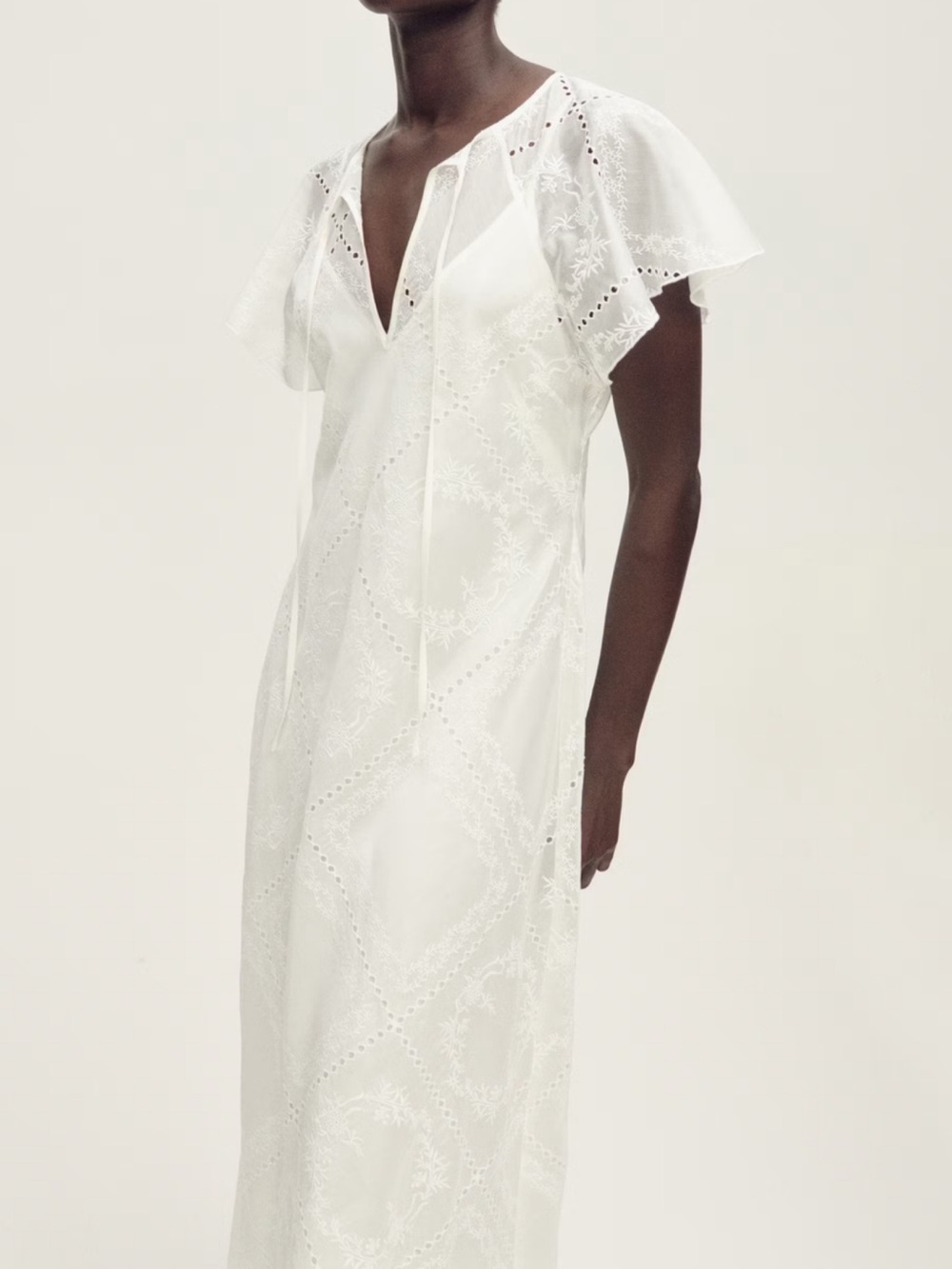 Mango Openwork Embroidered Flutter Sleeve Maxi Dress Size 6 NWT - NO LINING
